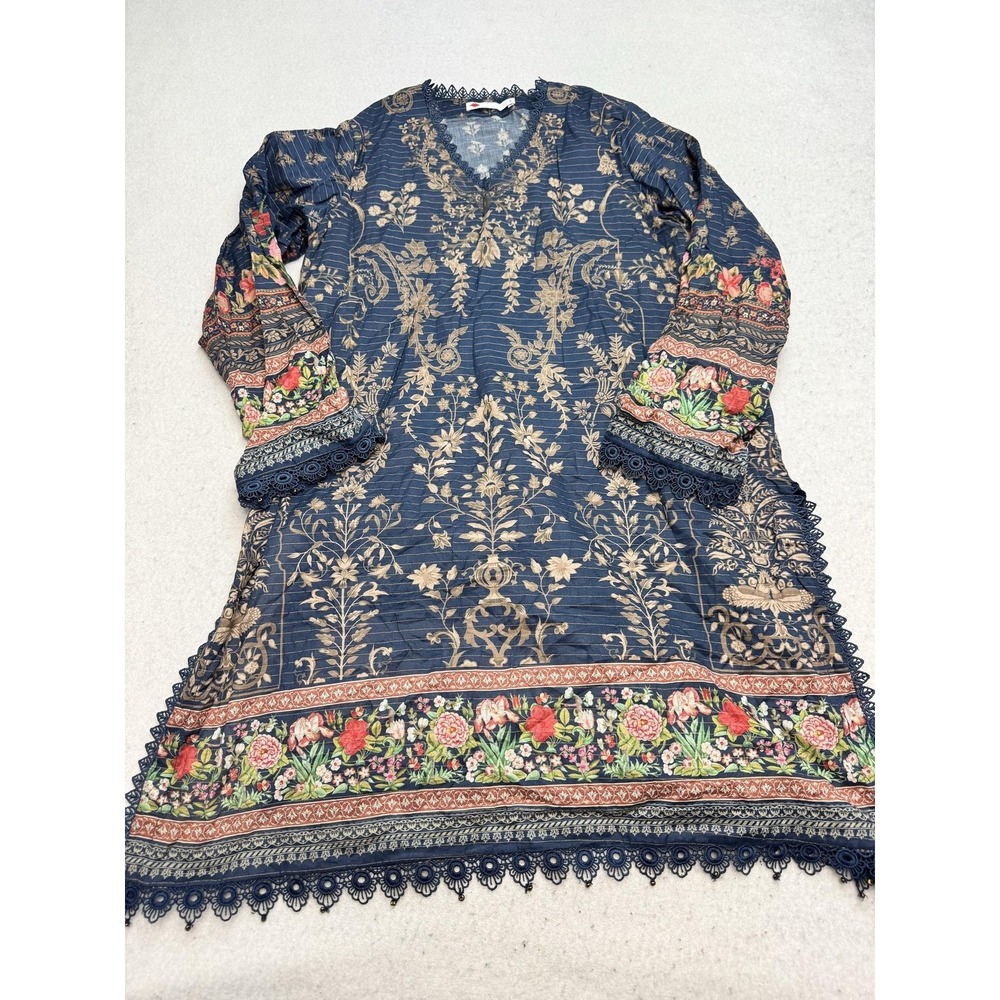 Khaadi Blouse Womens 8 Blue Floral Boho Crochet Trim Bell Sleeve Tunic Top